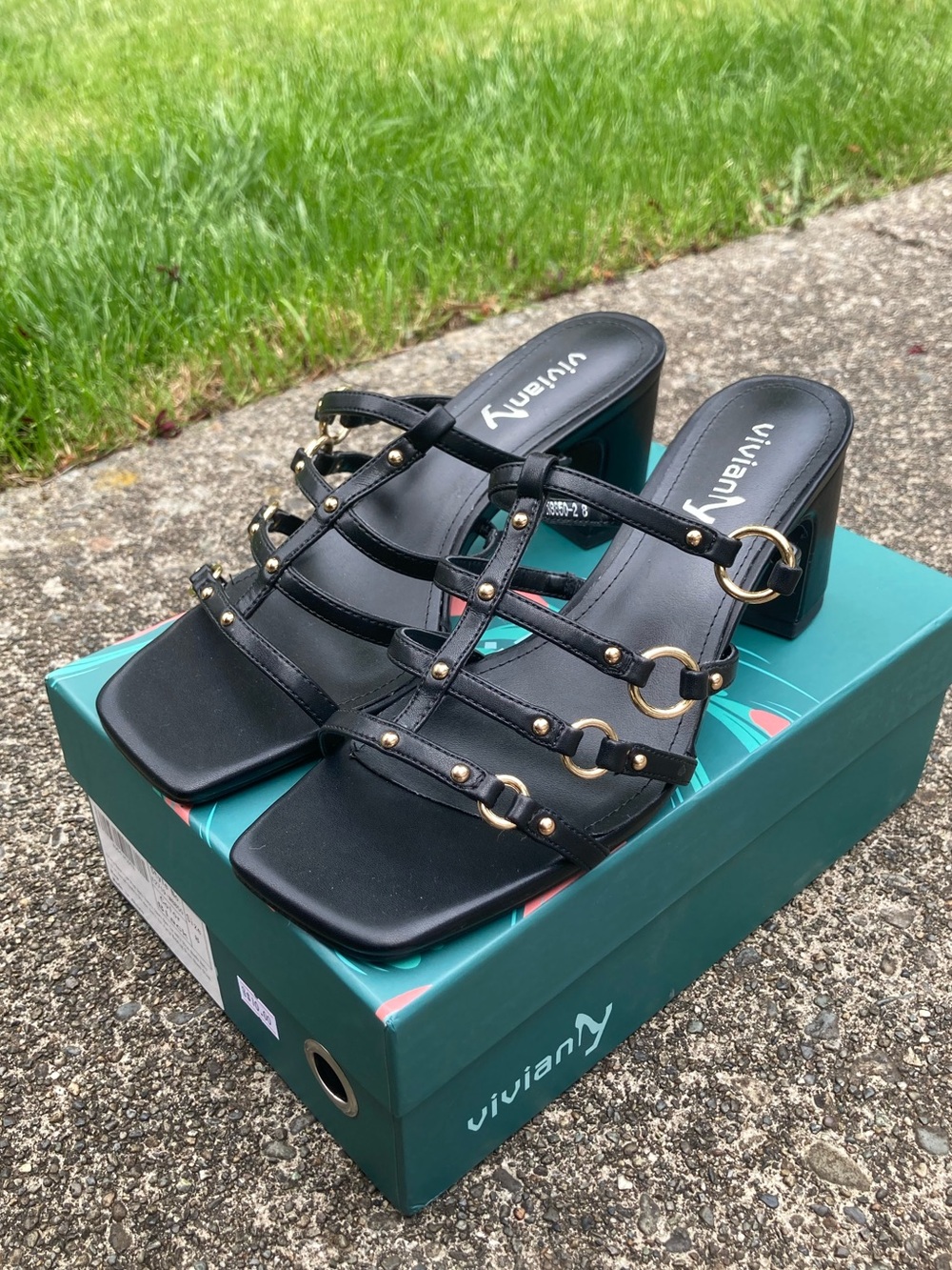 Vivianly Black Multi-Strap Block Heel Mules with Gold Accents